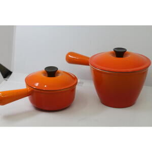 Vintage Le Creuset France Orange Enamel Saucepan w/ Lid #14 Cast Iron